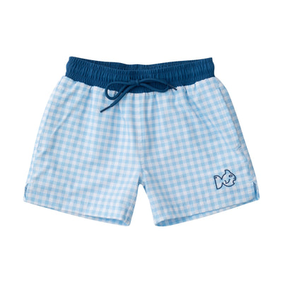 Boys Boogie Board Swim trunks in Clear Sky Blue Gingham