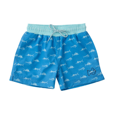 Boys Boogie Board Swim trunks in marina blue Fish Print