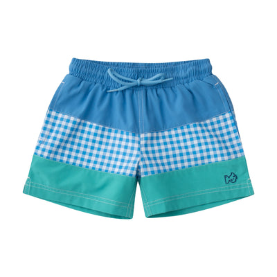 Boys' Boogie Board Swim trunks in Marina Blue Gingham and Atlantis Green Colorblock