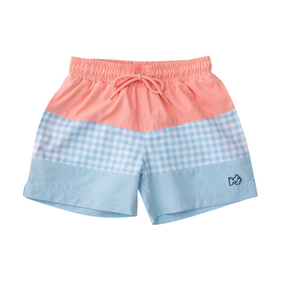 Flamingo and Clear Sky Gingham Colorblock swim trunks