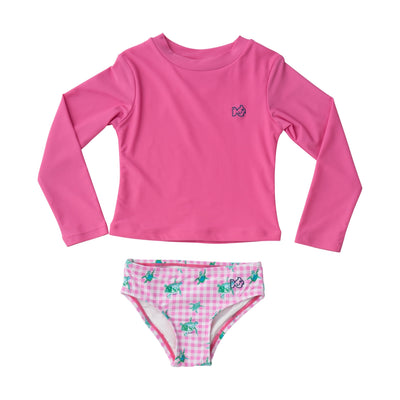 Girls Reef Rashguard Swim Set in Fuchsia Pink Top and Pink Gingham Turtle Print