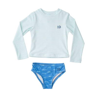 Girls Reef Rashguard Swim Set in Waterspout Green Stripe and Marina Blue Fish Print