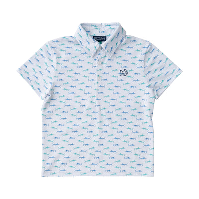 boys' short-sleeve pro performance polo shirts in Fish Print