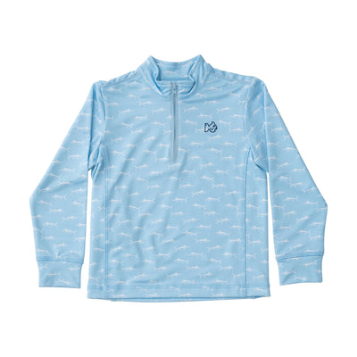 Kids Pro Performance Quarter Zip Pullover in Marlin Print on Clear Sky Blue