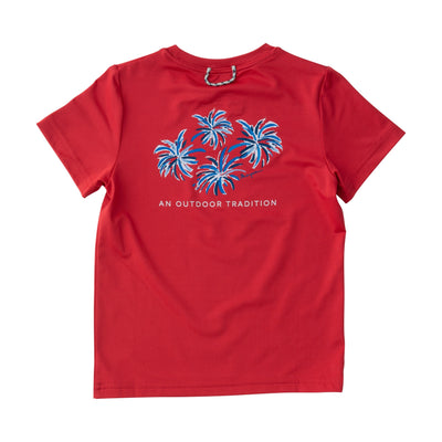 Kids Short Sleeve Performance T-shirt in Watermelon Red with 4th of July Fireworks