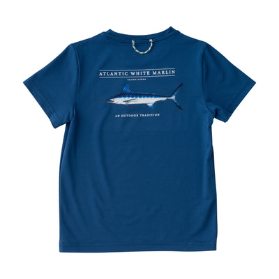 Short Sleeve Fishing T-shirt in Navy Blue with White Marlin Fish artwork